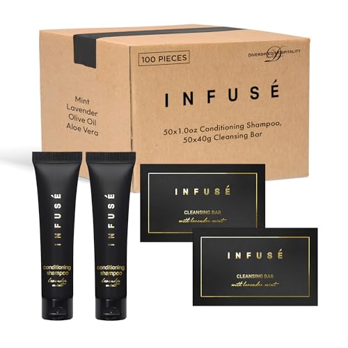 Infuse Black Hotel Soaps and Toiletries Bulk Set | 1-Shoppe All-In-Kit Amenities for Hotels & Airbnb | 1 oz Hotel Cleansing Bar and Conditioning Shampoo Travel Size | 100 Pieces