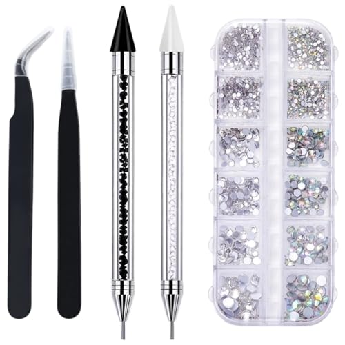 2 Pack Rhinestone Picker Tool with 2 Tweezers, Wax Pencil for Gems Rhinestones, Nail Dotting Tool Applicator Tool, Nail Art Tools Nail Design Kit for DIY Nail Art (Black, White)