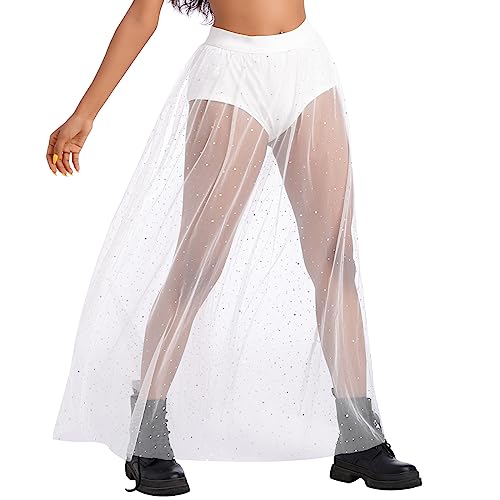 Women's Sheer Mesh 2 in 1 Glitter Sequin Elasticized High Waist A Line Party Maxi Skirt Sparkle Galaxy Sequin Tulle Cover ups Festival Outfits Costume White Polka Dot S