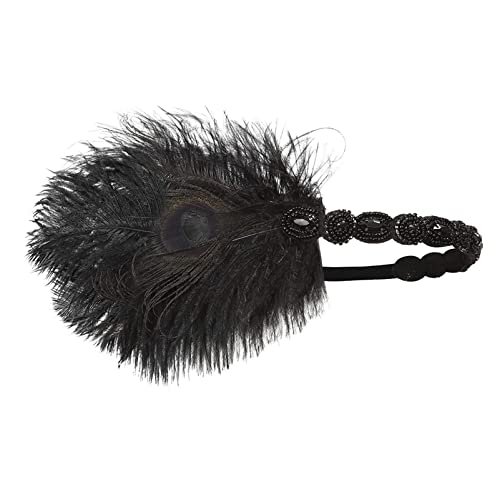 Roaring Art Deco 1920s Headpieces for Women Flapper Headband 20s Gatsby Costume Peacock Hair Accessories 06Black