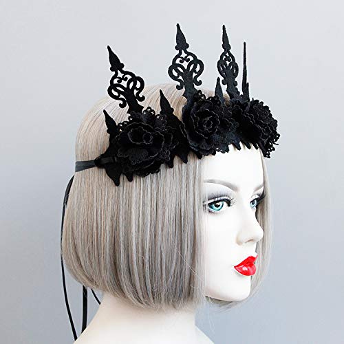 Love Sweety Halloween Vintage Crown Rose Headband Gothic Floral Headpiece (A Black)