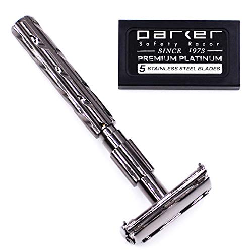 Parker 22R Long Handle Safety Razor - Gunmetal Twist-to-Open Design, Heavyweight Brass Frame | 5 Platinum Blades Included