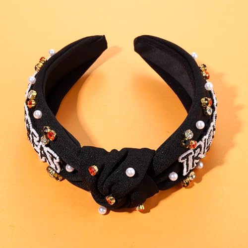 Halloween Pumpkin Ghost TRICK TREAT Headband Pearl Rhinestone Beaded Jeweled Knotted Wide Headband Halloween Makeup Costume