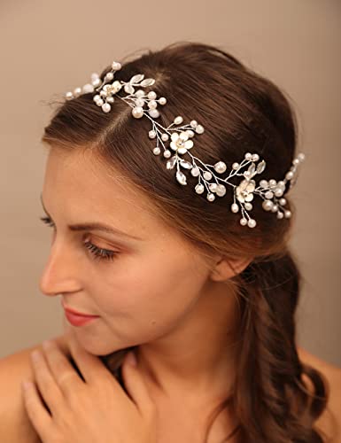 Teyglen Crystal Bride Wedding Hair Vine Handmade Silver Leaf Headband Bridal Flower Rhinestone Headpieces Wedding Hair Accessories Floral Crystal Hair Pieces for Women Girls(Silver)