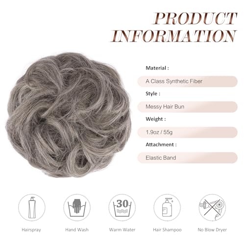 FESHFEN Messy Hair Bun Hair Pieces Wavy Curly Large Hair Bun Scrunchies Extensions Synthetic Chignon Hairpieces for Women Girls, Salt and Pepper 1.94oz