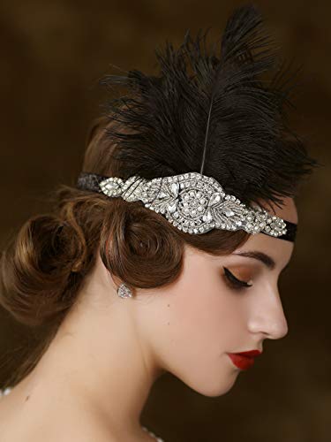 SWEETV 1920s Headpiece Flapper Headband, Rhinestone Feather Great Gatsby Headpiece Hair Accessories for Women (Black)