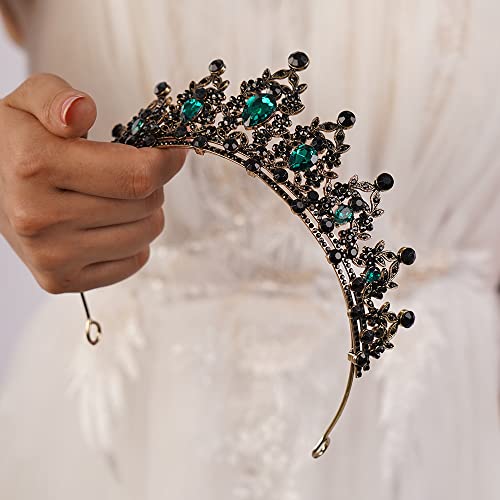 JWICOS Tiaras and Crowns for Women Gothic Crystal Queen Crown Black Baroque Vintage Tiara for Halloween Costume Birthday Party (Green Black)