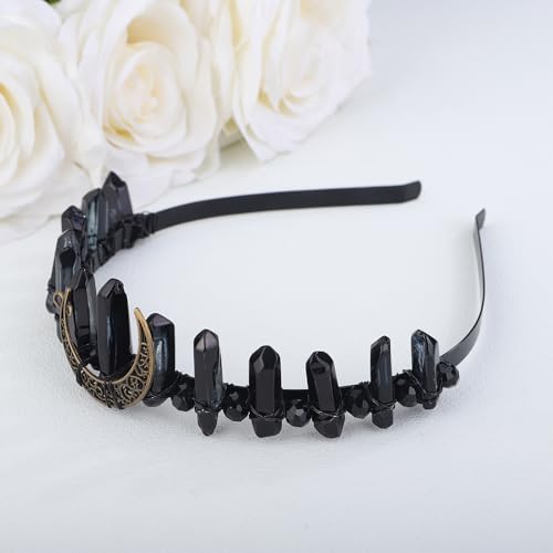 Teyglen Raw Crystal Quartz Headband Clear Crystal Headband Quartz Rhinestone Hair Hoop Band Moon Goddess Witch Headpiece Handmade Natural Stone Headpiece for Women Girls (Black)