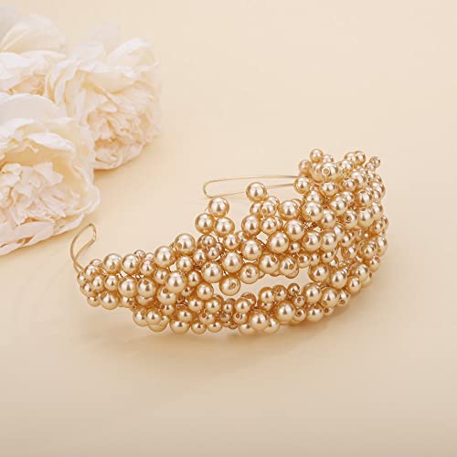 Teyglen Floral Pearl Bridal Tiara Crown - Beaded Hair Accessories for Women Bride Prom Birthday Party (Champagne)