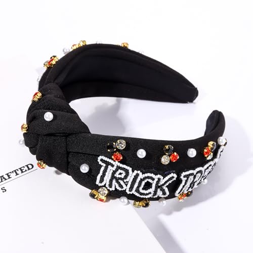 Halloween Pumpkin Ghost TRICK TREAT Headband Pearl Rhinestone Beaded Jeweled Knotted Wide Headband Halloween Makeup Costume