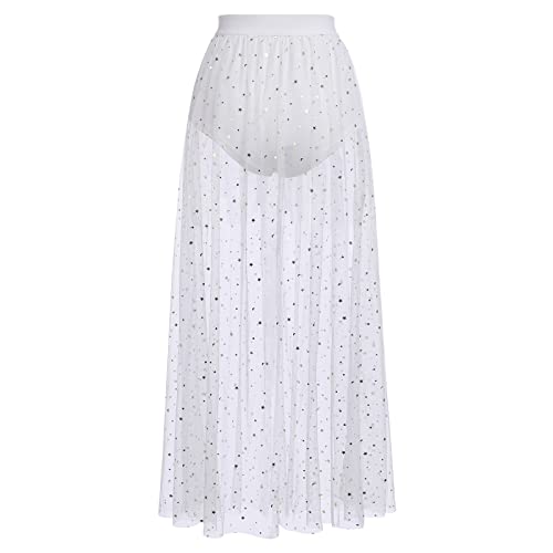 Women's Sheer Mesh 2 in 1 Glitter Sequin Elasticized High Waist A Line Party Maxi Skirt Sparkle Galaxy Sequin Tulle Cover ups Festival Outfits Costume White Stars S