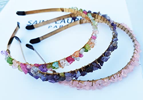 FZBHRO Rose Quartz and Amethyst Hair Accessories: Raw Crystal Tiara with Colorful Spiritual Beads for Girls (3pcs)