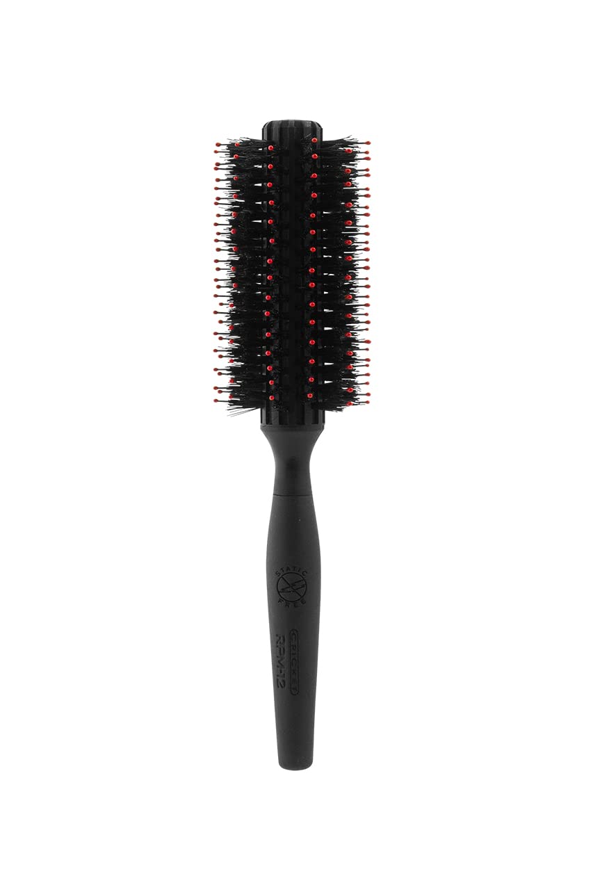 Cricket Static Free RPM 12 Row Deluxe Boar Bristle Round Hair Brush for Blow Drying, Curling and Styling Roller Hairbrush for Medium Length Hair, Facial Hair Grooming and All Hair Types