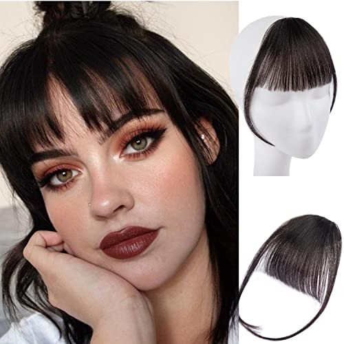 Menethe Hair Bangs Hair Clip in Bangs 100% Real Human Hair Extensions Brown Black Air Bangs Clip on Wispy Bangs For Women Fringe with Temples Hairpieces(Air Bangs, Brown Black）