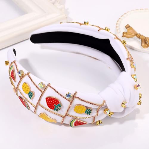 VOGUEKNOCK Fruit Headbands for Women Girls Rhinestone Pineapple Watermelon Banana Strawberry Knotted Headband Summer Beach Headwear Hair Accessories