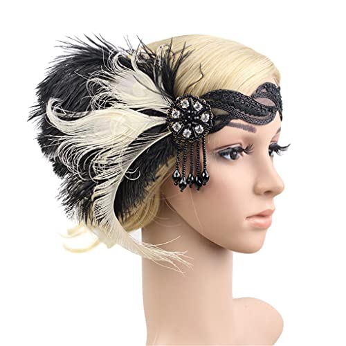 Roaring Art Deco 1920s Headpieces for Women Flapper Headband 20s Gatsby Costume Peacock Hair Accessories 07Multi Black