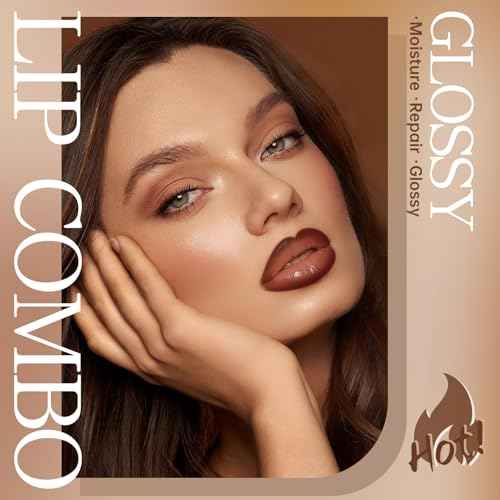 Nourishing Lip Gloss with Brown Lip Liner Lip Combo Set, Moisturizing High Shine Nude Lip Glow Oil Fresh Lightweight Glossy Plumping Lip Gloss for Women Long Wear Mini Liquid Lipstick Makeup#8