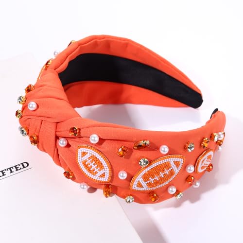 Crystal Pearl Knotted Sports Headband - Jeweled Wide Top Knot Hair Accessory for Women (Football, Baseball, Game Day, Football White & Orange)