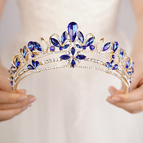 wekicici Blue Crystal Wedding Tiara Royal Queen Crown Headband Rhinestone Princess Hair Accessories for Party Prom Birthday Cosplay Halloween Costumes for Women Girls(Blue)