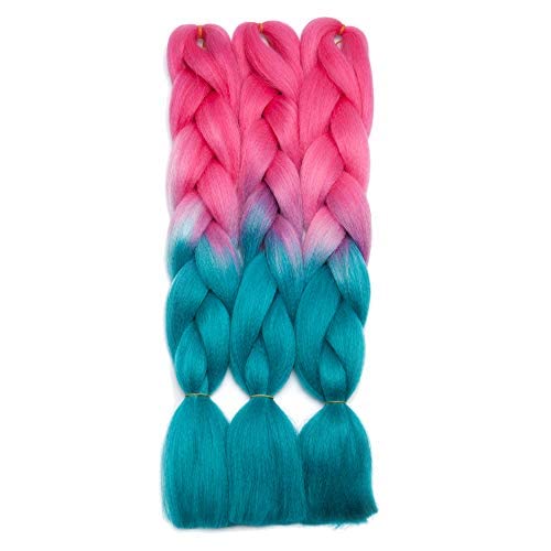 24 Inch Ombre Jumbo Braiding Hair Extensions Jumbo Braid Hair Ombre Long Jumbo Braids For Box Twist Braid Crochet Hair High Temperature Fiber 3 Tone Colored (3 Bundles, Dark Pink to Lake Blue)