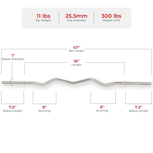 & Fitness 47" Standard EZ Curl Bar ? 11 lb Bar Weight, Fits 1" Plates, 300 lb Capacity, Ergonomic Curl Grip, Chrome Finish, Star-Lock Collars