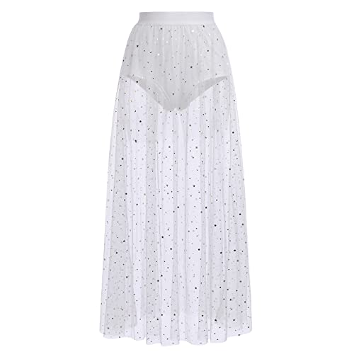 Women's Sheer Mesh 2 in 1 Glitter Sequin Elasticized High Waist A Line Party Maxi Skirt Sparkle Galaxy Sequin Tulle Cover ups Festival Outfits Costume White Stars S