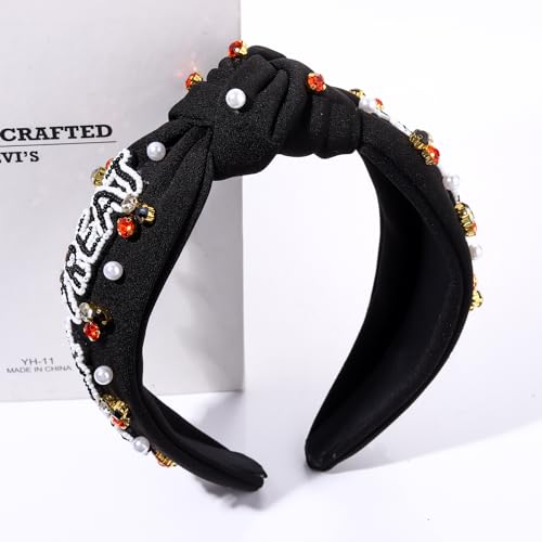 Halloween Pumpkin Ghost TRICK TREAT Headband Pearl Rhinestone Beaded Jeweled Knotted Wide Headband Halloween Makeup Costume