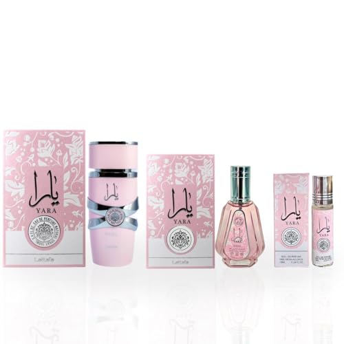 Lattafa Yara 3-piece Fragrance Bundle for Women (3.4 Oz Eau de Parfum Spray + 1.7 Oz Eau de Parfum Spray + 0.34 Oz Roll-On Perfume Oil)