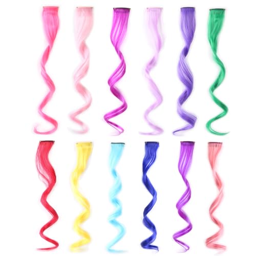 24 Pcs Curly Colored Party Highlight Colorful Clip in Hair Extensions Synthetic Hairpieces Cosplay Dress Up Fashion for Girls Women Kids Gift (12 Pcs Pink + 12 Pcs Light Purple)