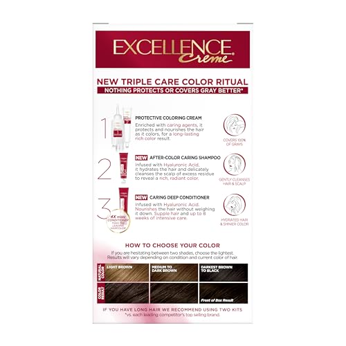 L'Oreal Paris Excellence Crème Permanent Hair Dye, Triple Care Hair Color with Hyaluronic Acid for 100% Gray Coverage, 4A Dark Ash Brown, 1 Kit (Packaging May Vary)