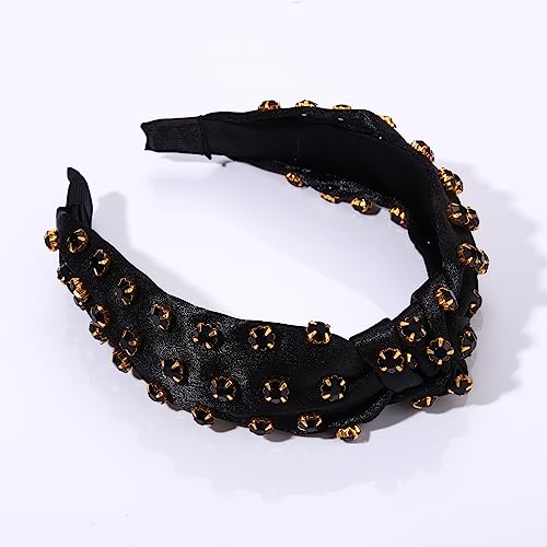 ZITULRY Crystal Knotted Headband for Women Sparkle Rhinestone Jeweled Embellished Top Knot Hairband Solid Color Wide Turban Hair Hoop Hair Accessories for Girls Ladies