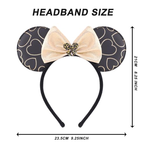 Jing xin Golden Mouse Ears Headbands, 1 PCS Pu Mouse Ears for Women Girls,Glitter Bow Headbands Themed Park Ears Cosplay Accessories