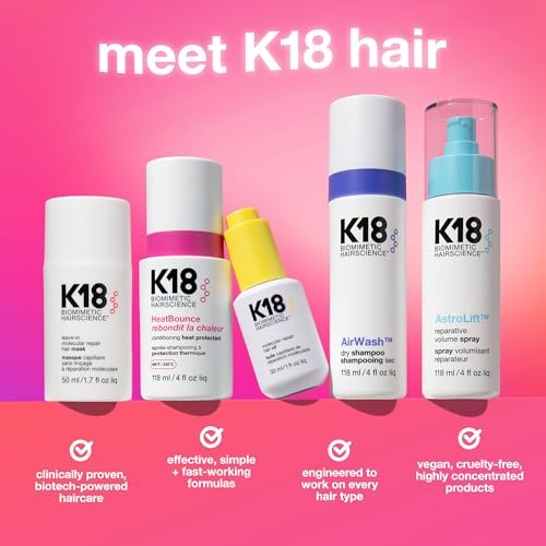 K18 Leave-In Molecular Repair Hair Mask, Patented, Lasting Repair For Dry, Frizzy, Damaged Hair, Reverse Damage In 4 Minutes From Bleach, Color, Chemical Services + Heat