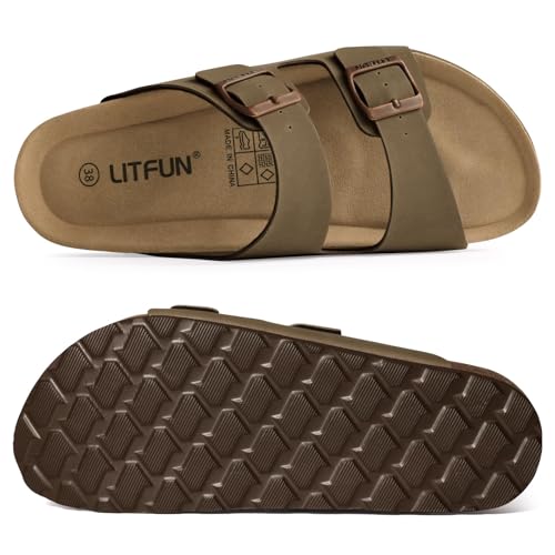 Litfun Unisex Cork Footbed Sandal Summer Slip On Slide Sandals with Adjustable Buckle for Women Men, Brown (13.5-14 Women/12-12.5 Men)