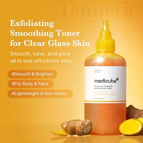 medicube Kojic Acid Turmeric Smoothing Toner for Face & Body | Lightweight Toner for Balancing Uneven Skin Tone & Texture | Niacinamide, Glycolic Acid for Clear Glass Skin | 8.45 fl.oz