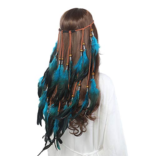 AWAYTR Boho Headdress Feather Headband Accessories Feather Elastic Gypsy Festival Headband Indian Fancy Headpieces 1970s (Blue)