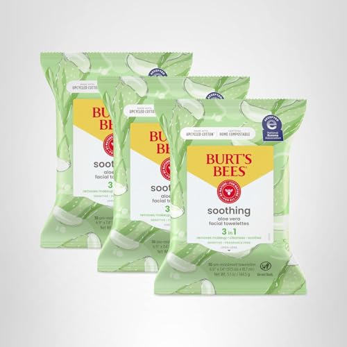 Burt's Bees Aloe Vera Face Wipes, for Sensitive Skin, Soothing Makeup Remover & Facial Cleansing Towelettes, 30 Ct. (3-Pack)