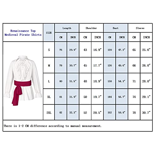 Irtysh Men's Renaissance Victorian Medieval Pirate Shirt Lace Up Colonial Steampunk Costume Tops Waist Belt Set(Red S)