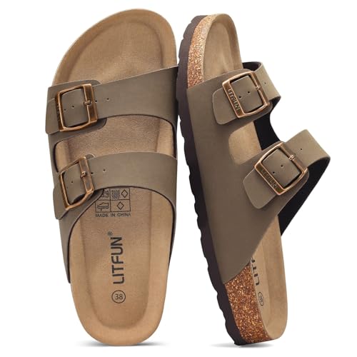 Litfun Unisex Cork Footbed Sandal Summer Slip On Slide Sandals with Adjustable Buckle for Women Men, Brown (13.5-14 Women/12-12.5 Men)
