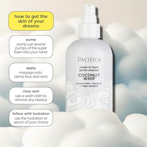 Pacifica Coconut Whip Cream to Foam Face Wash - Gentle Hydrating Facial Cleanser for Dry & Sensitive Skin, Moisturizing Daily Face Wash, Non-Comedogenic Vegan & Cruelty-Free, Dermatologist Tested 8oz