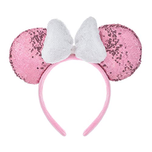 A Miaow 3D Black Mouse Sequin Ears Headband MM Glitter Butterfly Hair Clasp Park Supply Adults Women Photo Accessory (Pink and White)