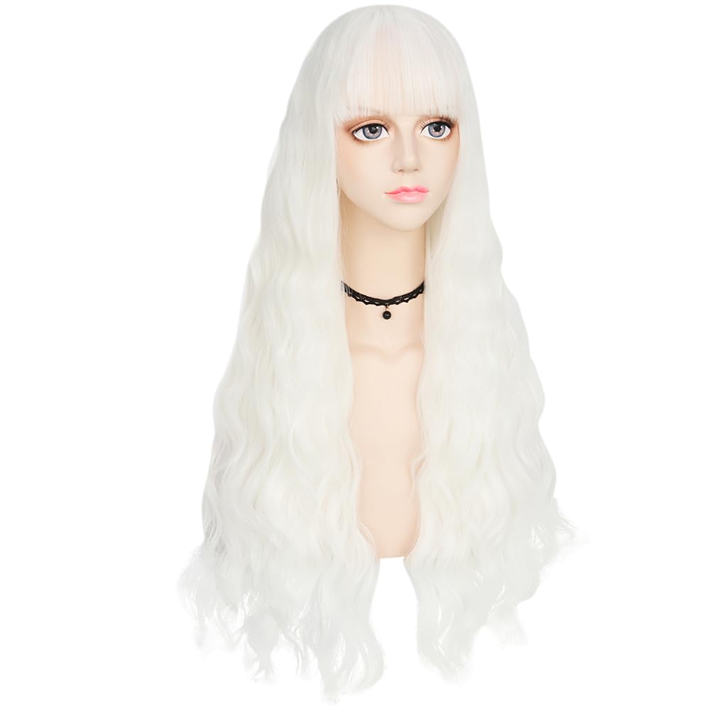 IMEYLE Wig White Wig with Bangs for Women Long Natural Curly Wig Heat Resistant Synthetic Wig Cosplay Wig for Halloween Costume Party + Wig Cap