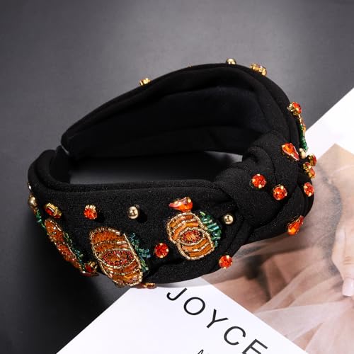 NVENF Halloween Headband Accessories for Women Crystal Pearl Knotted Headband Embellished Beaded Pumpkin Candy Corn Boo Headbands Rhinestone Jeweled Top Knot Headband Costume Party Favors (Pumpkin 4)