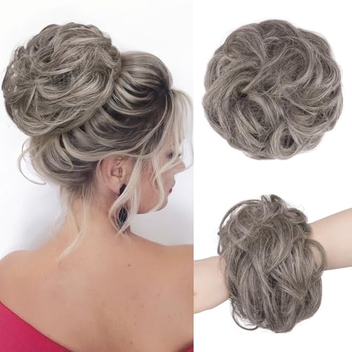 FESHFEN Messy Hair Bun Hair Pieces Wavy Curly Large Hair Bun Scrunchies Extensions Synthetic Chignon Hairpieces for Women Girls, Salt and Pepper 1.94oz