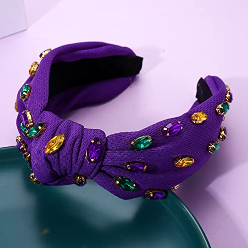 Mardi Gras Headband Rhinestone Cross Knotted Turban Hair Hoop Carnival Crystal Twist Velvet Wide Hairband Party Hair Accessory