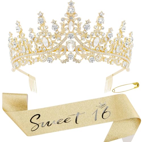 Canitor Sweet 16 Birthday Sashes and Tiaras for Girls 16th Crowns and Sash for Women 16th Birthday Party Decorations Birthday Gifts Party Supplies (gold)