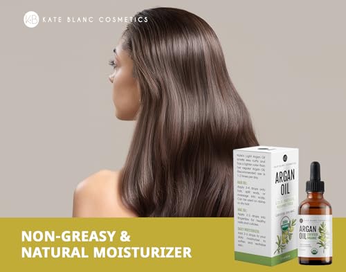 Kate Blanc Cosmetics Argan Oil for Hair, Face & Skin from Morocco. Promotes Hair Growth (2oz, USDA Certified Organic, Cold Pressed & 100% Pure, Light)