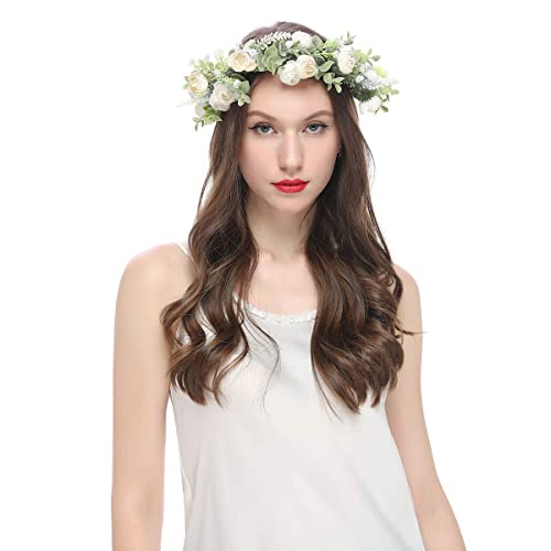 YnimioAOX Handmade Adjustable Flower Wreath Headband Halo Floral Crown Garland Headpiece,I21-milky white