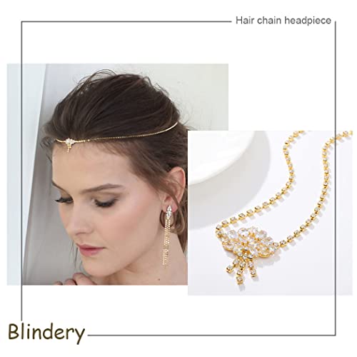 Blindery Rhinestone Head Chain Jewelry Bridal Chain Headpiece Crystal Hair Chain Jewelry Festival Wedding Halloween Hair Accssory for Women and Girls (Gold1)