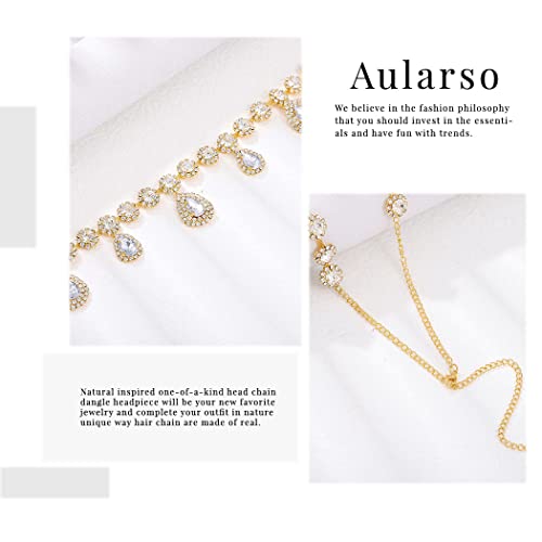 Aularso Rhinestone Head Jewelry Flower Tassel Hair Chain Water Drop Headpiece Wedding Halloween Costume Headband for Women and Girls (Gold)